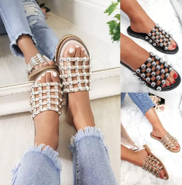 Ladies Womens Studded Cage Slides Flat Summer Bling Sliders Sandals Shoes Size