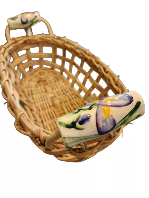 Stunning Vintage Hand Wooden Wicker Basket With Hand Painted Ceramic Handles