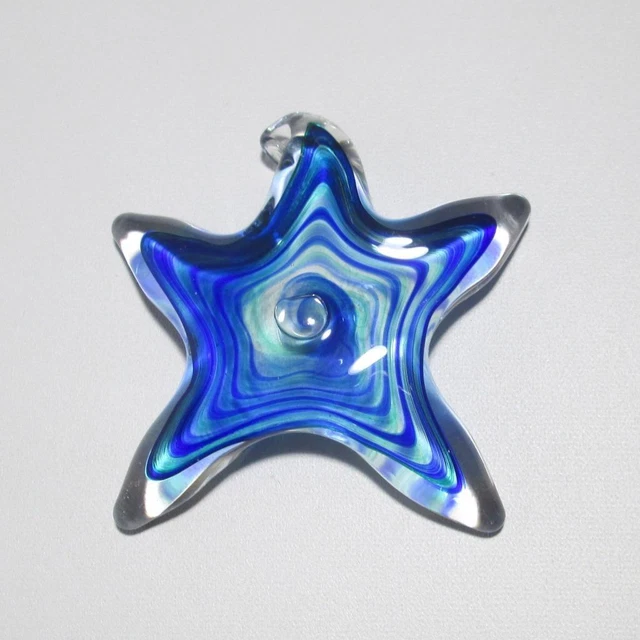 Blue Glass Starfish Paperweight Wave Stripes Nautical Coastal Decor