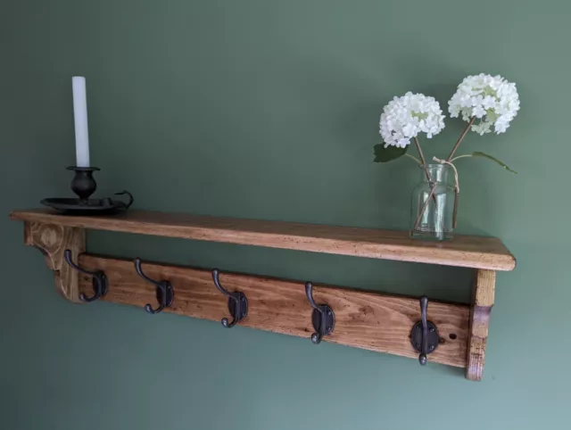 Vintage Pine Coat Rack with Shelf - Hand Made Reclaimed Hooks Artisan Country
