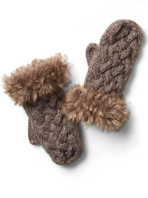 NEW Athleta Vincent Pradier Faux Fur Chunky Cable Knit Wool Blend Mittens Brown