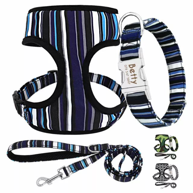 Dog Harness and Lead Leash and Personalised Collar Name Custom Nylon Mesh Vest