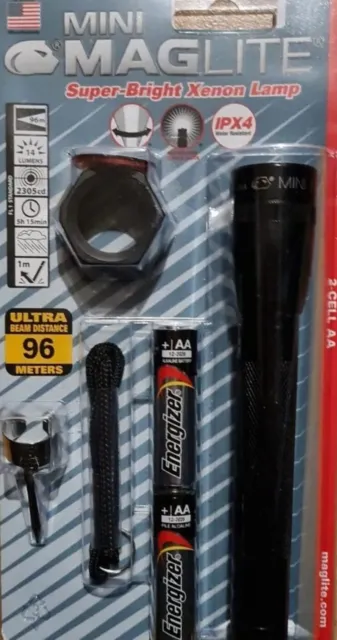 Mini Maglite Black 2 x AA  Flashlight with holster BNIP