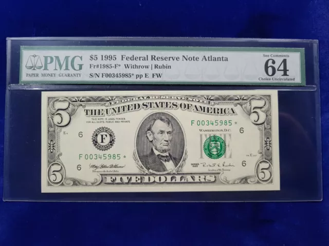 🌟 1995 $5 Atlanta Fr.1985-F* STAR NOTE PMG 64 EPQ Choice UNC 384,000 PRINTED