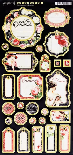 Graphic 45, Mon Amour, Chipboard Embellishments, Set 1, Journaling Chipboard