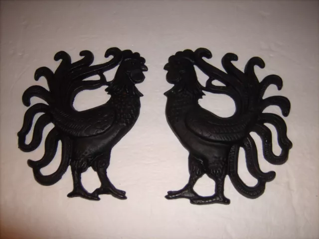 Cast Iron Americana Fighting Cock Fancy Roosters Pair Wall Décor  9 " tall