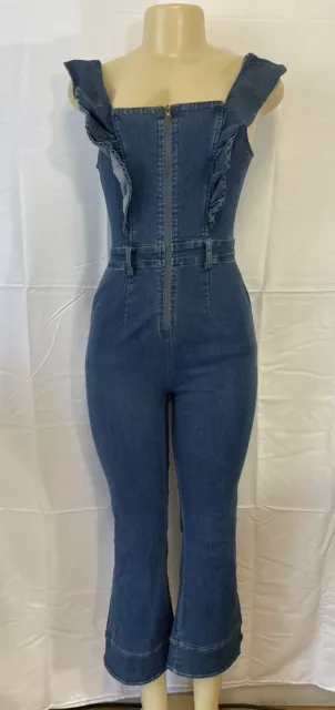 Mebon by Machine Jeans Women's Overalls in Dark Wash Blue Denim Ruffles  S 5669a