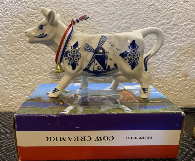 Vintage Hand Painted Delft Blue Cow Creamer Jug with Horns Windmill & Floral NEW