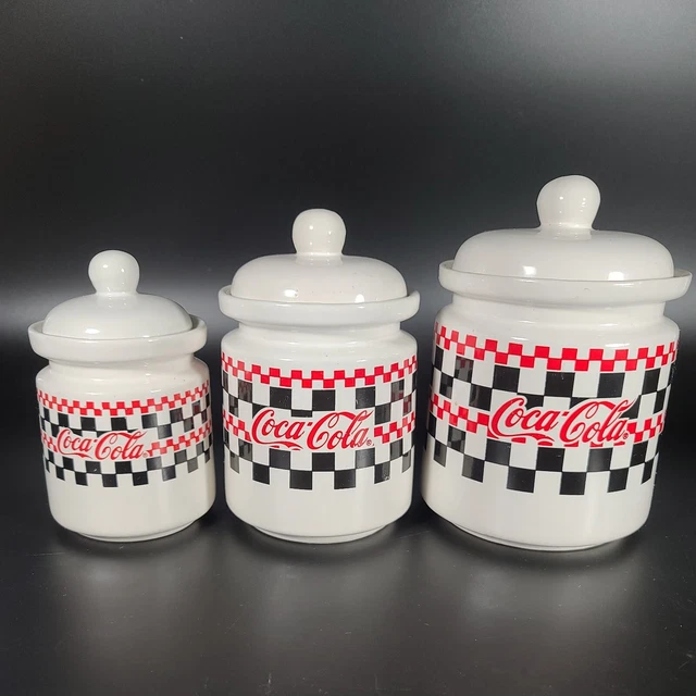 Coca Cola 3 Piece Set Gibson Black Red White Checkered Cookie Jar circa 1997