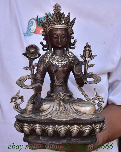 12" Old Chinese Copper Silver White tara Kwan-yin Guan yin Goddess Statue