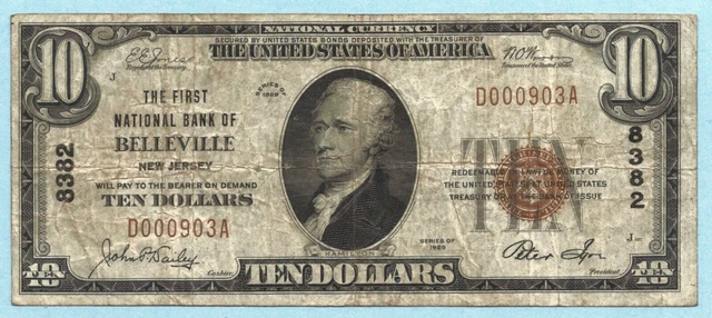 $10 National Currency 1929 - Type 1 - Ch#8382 - 1st NB, Belleville, NJ - VF+