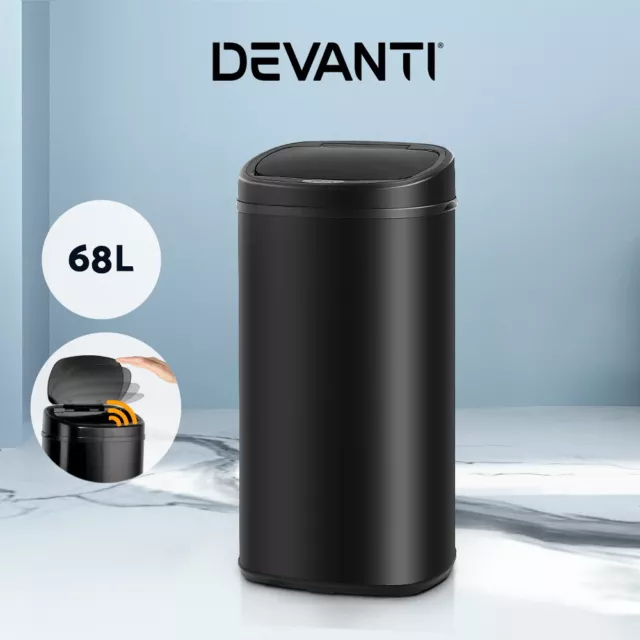 Devanti 68L Motion Sensor Bin Rubbish Automatic Trash Can Kitchen Black