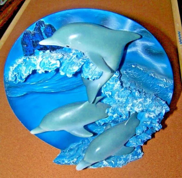 Dolphins / waves 3-D figurine plate free-standing 7-1/2" h x 7-1/2" w x 4" deep