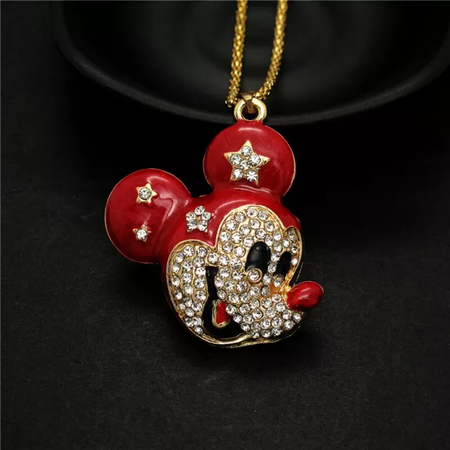 Fashion Women Lovely Red Enamel Mouse Head Crystal Pendant Chain Lady Necklace