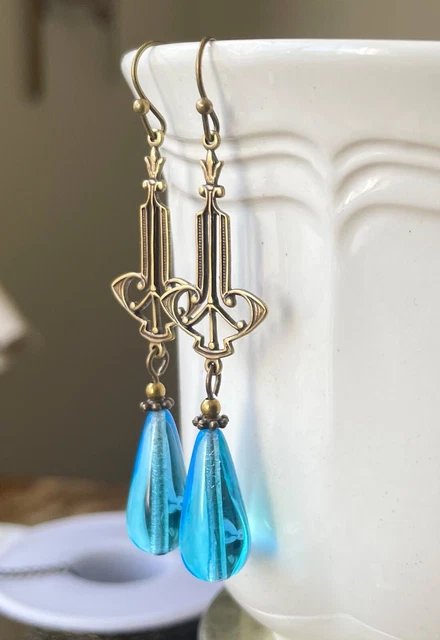 Art Nouveau Earrings Brass Filigrees W/ Antique Aqua Blue Czech Glass Drops