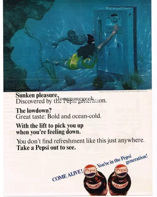 1966 Pepsi Machine Underwater Woman Man Swimming Vintage Ad