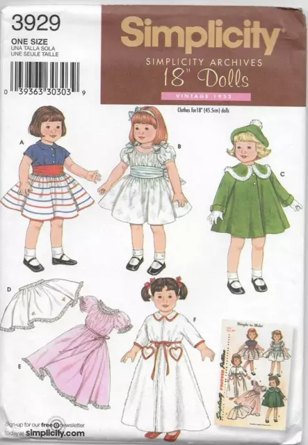 Simplicity Archives Sewing Pattern 3929 Clothes for 18" DOLLS