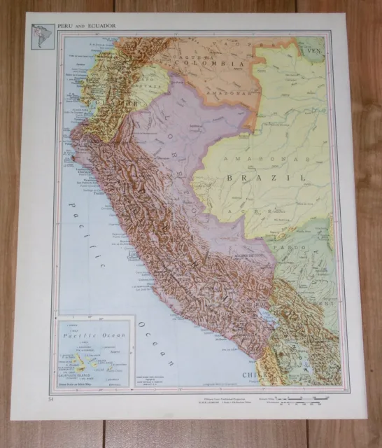 1951 Original Vintage Map Of Peru / Ecuador / Brazil / South America