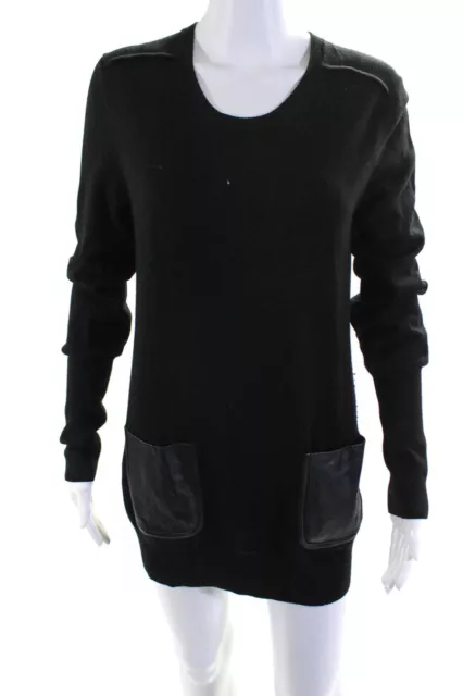 Burberry Womens Black Wool Leather Pockets Long Sleeve Sweater Dress Size L