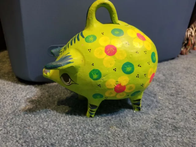 Vintage Pottery Piggy Bank from Mexico handpainted green