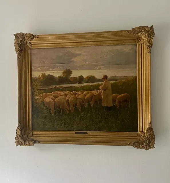 Antique Oil Painting Flock Of Sheep Pastoral Painting Original Signed Maurice B.