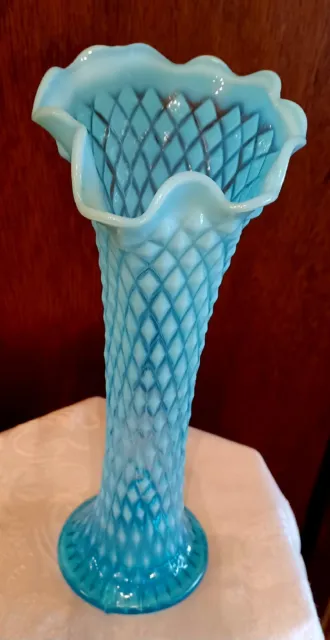 Northwood Diamond Point Blue Opalescent Glass Swung Vase 10.5”