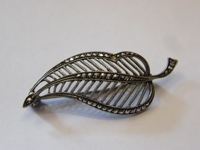 Broche feuille de marcassite vintage en argent 835, style Art