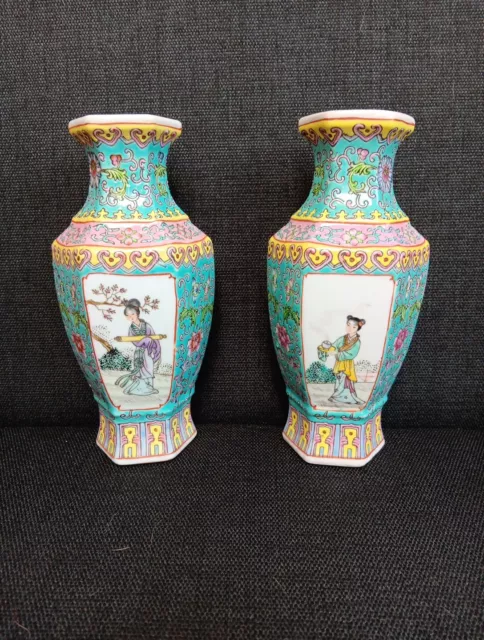 Pair Vintage Hexagonal Chinese Famille Rose Turquoise Ground Vases Town Scene