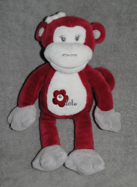 Peluche Doudou Singe ARTHUR ET LOLA BEBISOL Fille Rouge Blanc Fleur  25 Cm  TTBE