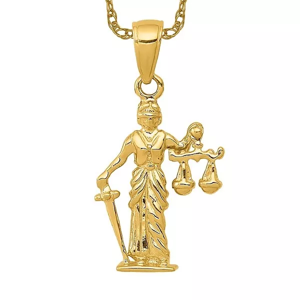 14K Yellow Gold Dangling Lady of Justice Scales Necklace Charm Pendant