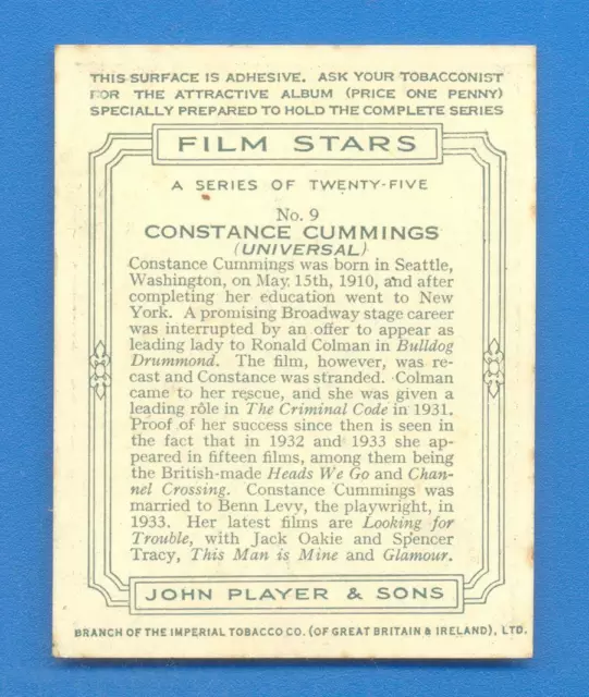 FILM STARS.No.9.CONSTANCE CUMMINGS.LARGE PLAYERS CIGARETTE CARD ISSUED 1934 2