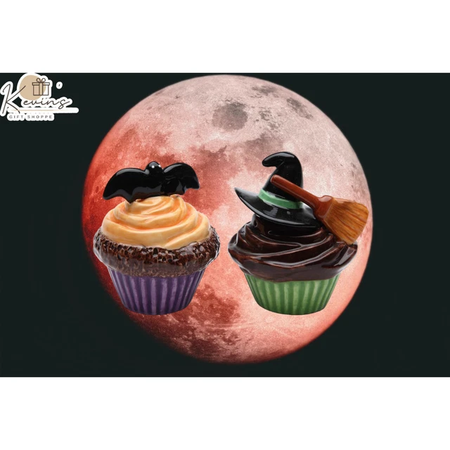 Hand Painted Ceramic Halloween Decor Bat And Witch Hat Cupcake Salt And Pepper
