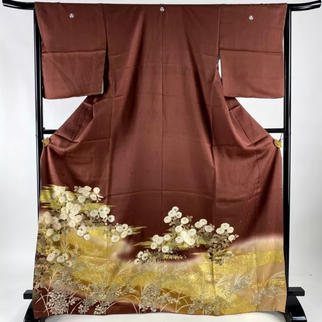 Japanese kimono  "TOMESODE", Gold leaf, Three crests, KIKU, Grasses, L67". 2841