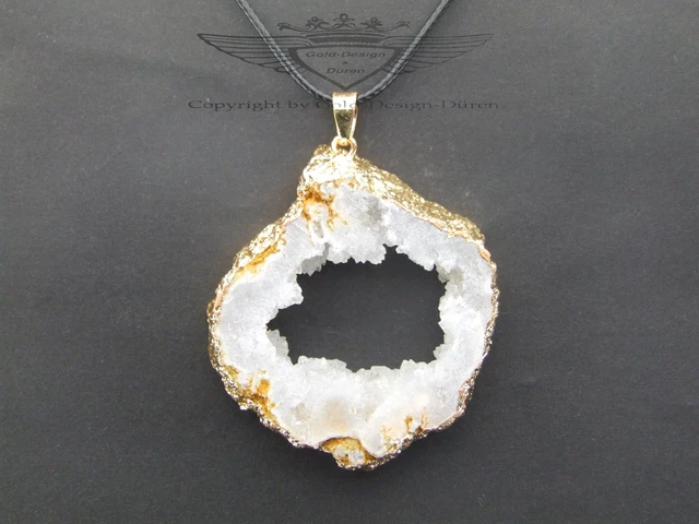 Lederkette mit Achat Druse, Achat Geode, Quarz, Druse, 24 Karat vergoldet Weiss.