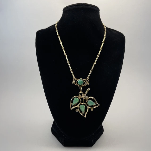 Vintage Necklace Gold Plated Jade Green Cabochon Stone Clear Rhinestone B#8