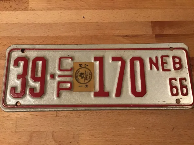 1966 Nebraska License Plate & Rare Sticker