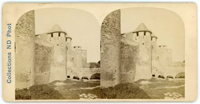 Stereo, France, Carcassonne, entrée de la cité, circa 1870 Vintage stereo card -