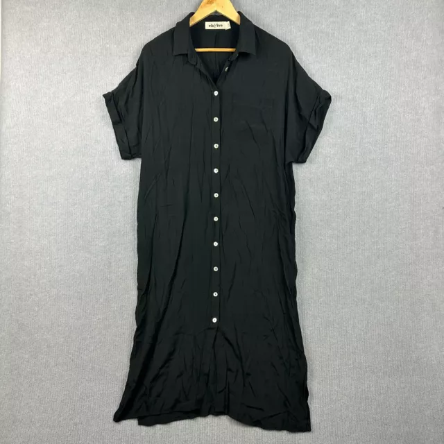 Eb & Ive Dress Womens Small Medium Black Button Up Maxi Collared Short Sleeve