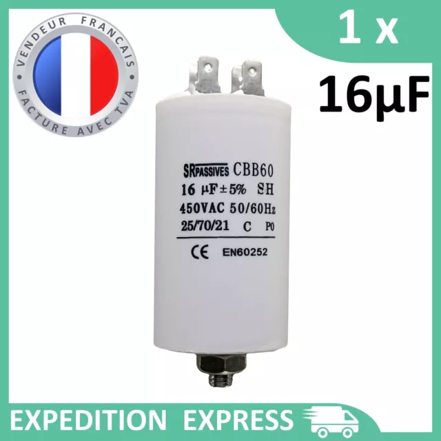 Condensateur moteur 16µF 16uF 450V à cosses + vis CBB60 démarrage/permanent