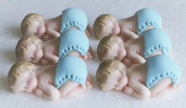 6 X edible sleeping babies (Tiny)  Christening cupcake toppers with blue nappies