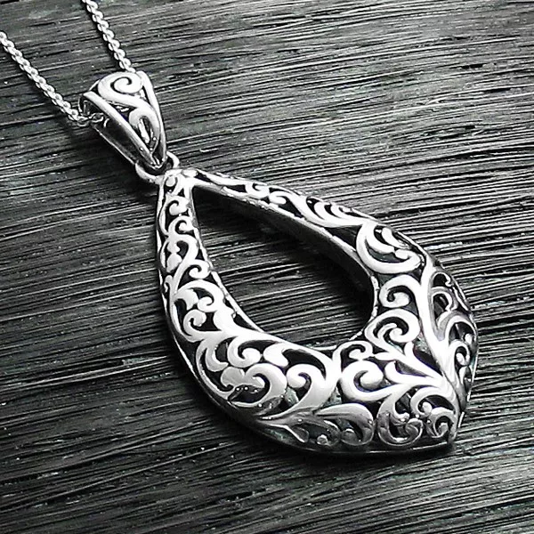 925 Sterling Silver Large Fancy Filigree Cut-Out Tear Drop Pendant