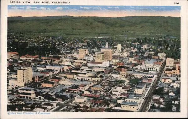 San Jose,CA Aerial View Santa Clara County California Linen Postcard Vintage