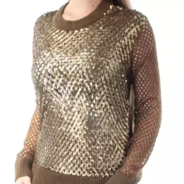 NWT Michael Kors Women's Small Sequined Crew Neck Sweater Olive Green MSRP $225