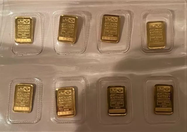 Quantity of 8, 1 Gram Vintage JM Johnson Matthey 9999 Gold Bullion Bars  Sealed