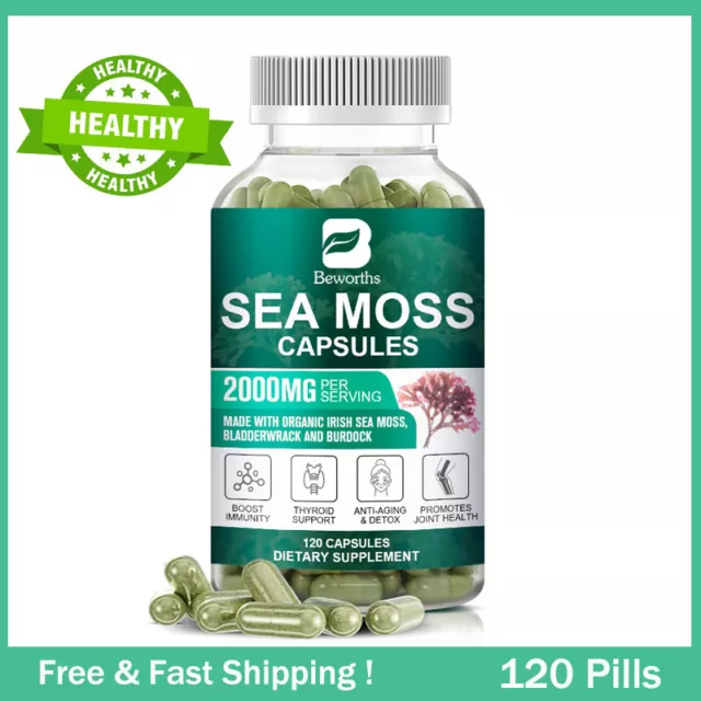 Organic Sea Moss Capsules, Irish Sea Moss, bladderwrack & Burdock Root 120 Pills