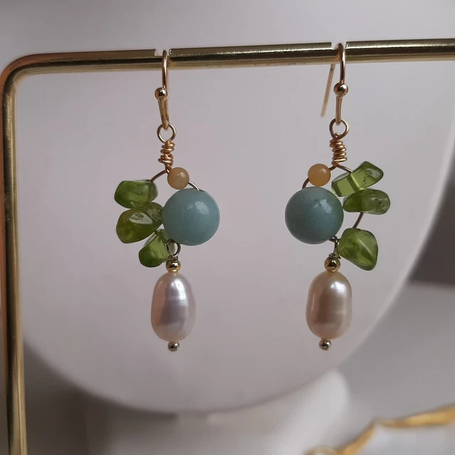 Boucles D'Oreilles Dormeuses En Perle De Culture Et Pierre Naturelle - Plaqué Or Jaune 14 Carats