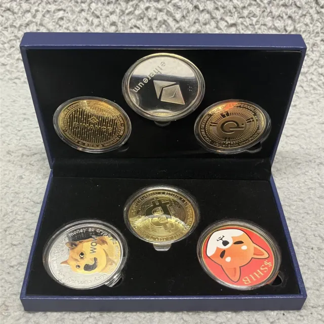 Gold Plated Physical Bitcoin Ethereum Shiba Commemorative Crypto Coin Set Displa