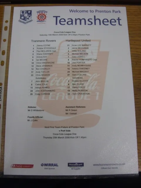 15/03/2008 Colour Teamsheet: Tranmere Rovers v Hartlepool United. Thank you for