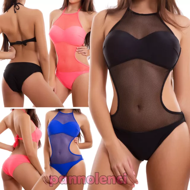 Monokini donna costume da bagno intero rete body push up mare nuovo F8803