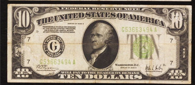 A KEY NOTE  CHICAGO Fr. 2003-G $10 1928C Federal Reserve Note WOODS / MILLS V/F 3